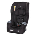A black Baby Trend Trooper 3-in-1 Convertible Car Seat designed for children, featuring an integrated cup holder and adjustable buckles.