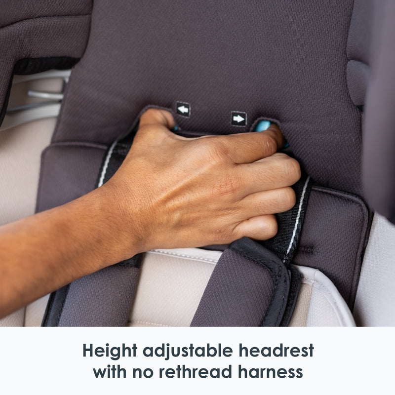 Height adjustable headrest with no rethread harness of the Baby Trend Cover Me 4-in-1 Convertible Car Seat