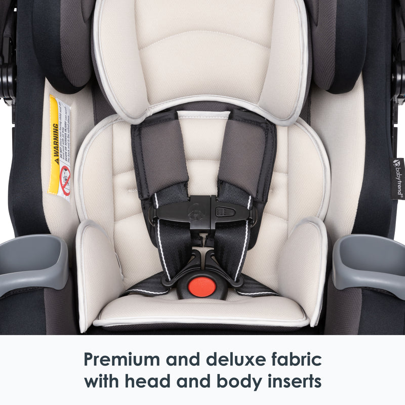 Premium and deluxe fabric with head and body inserts of the Baby Trend Cover Me 4-in-1 Convertible Car Seat