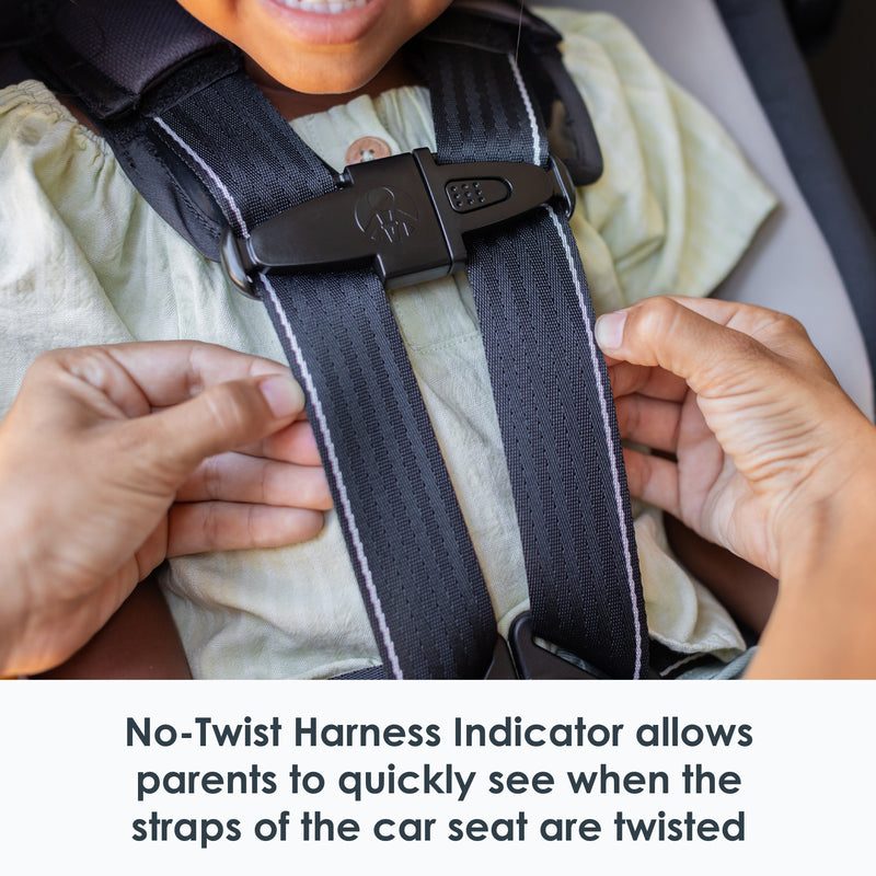 No twist harness indicator allows parents to quickly see when the straps of the car seat are twisted of the Baby Trend Cover Me 4-in-1 Convertible Car Seat