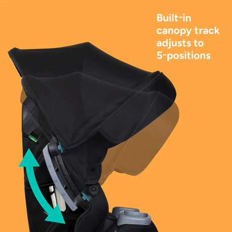 Built in canopy track adjusts to 5 position on the Baby Trend Cover Me 4-in-1 Convertible Car Seat