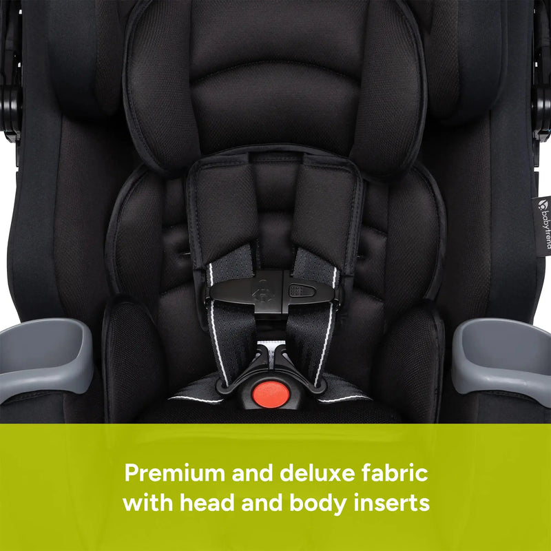 Premium and deluxe fabric with head and body inserts on the Baby Trend Cover Me 4-in-1 Convertible Car Seat