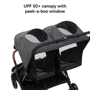 Baby Trend York Compact Side-By-Side Double Stroller with UPF 50+ canopy and peek-a-boo window 