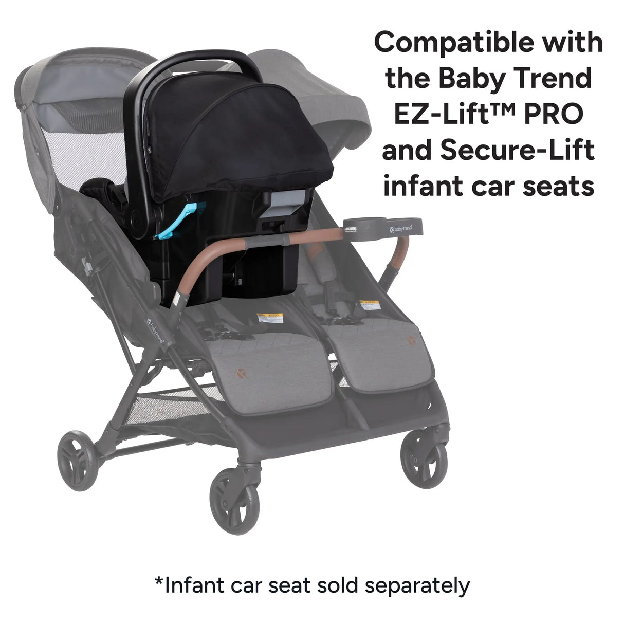 Baby Trend York Compact Side-By-Side Double Stroller compatibility with Baby Trend EZ-Lift PRO and Secure-Lift infant car seats.