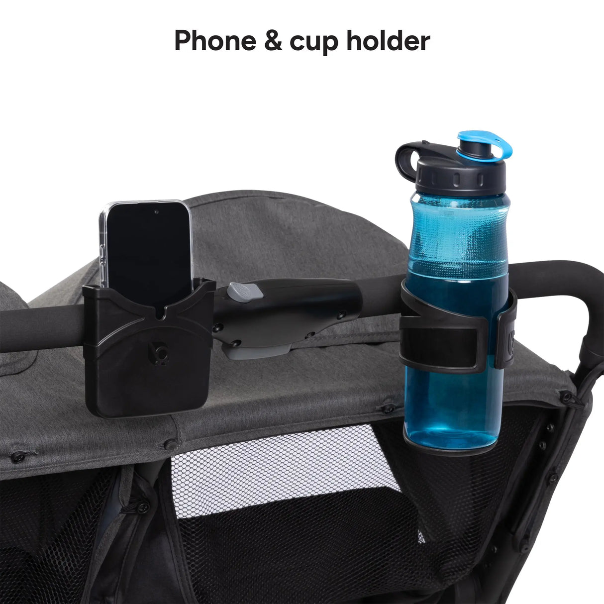Baby Trend York Compact Side-By-Side Double Stroller with phone holder and cup holder holding a blue water bottle
