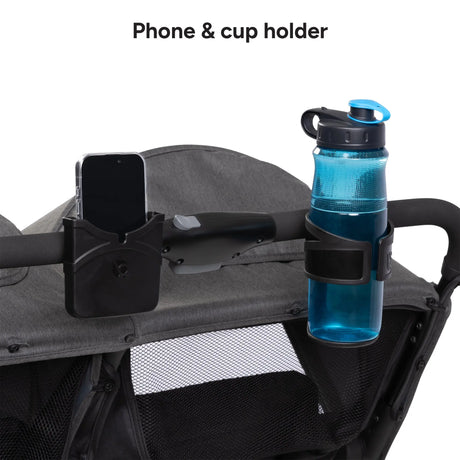 Baby Trend York Compact Side-By-Side Double Stroller with phone holder and cup holder holding a blue water bottle