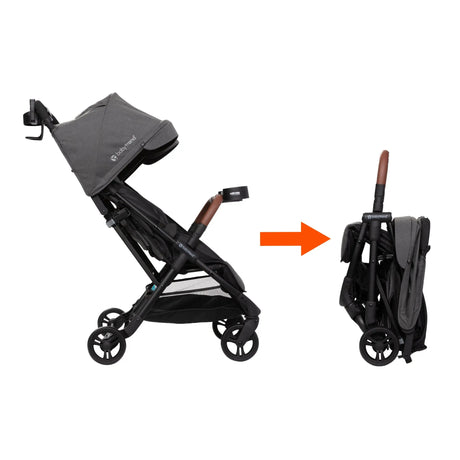 Baby Trend York Compact Side-By-Side Double Stroller shown in two positions: expanded and folded