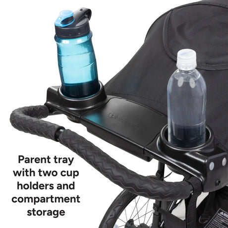 Baby Trend Expedition Zero Flat Jogger parent tray with two cup holders and compartment storage
