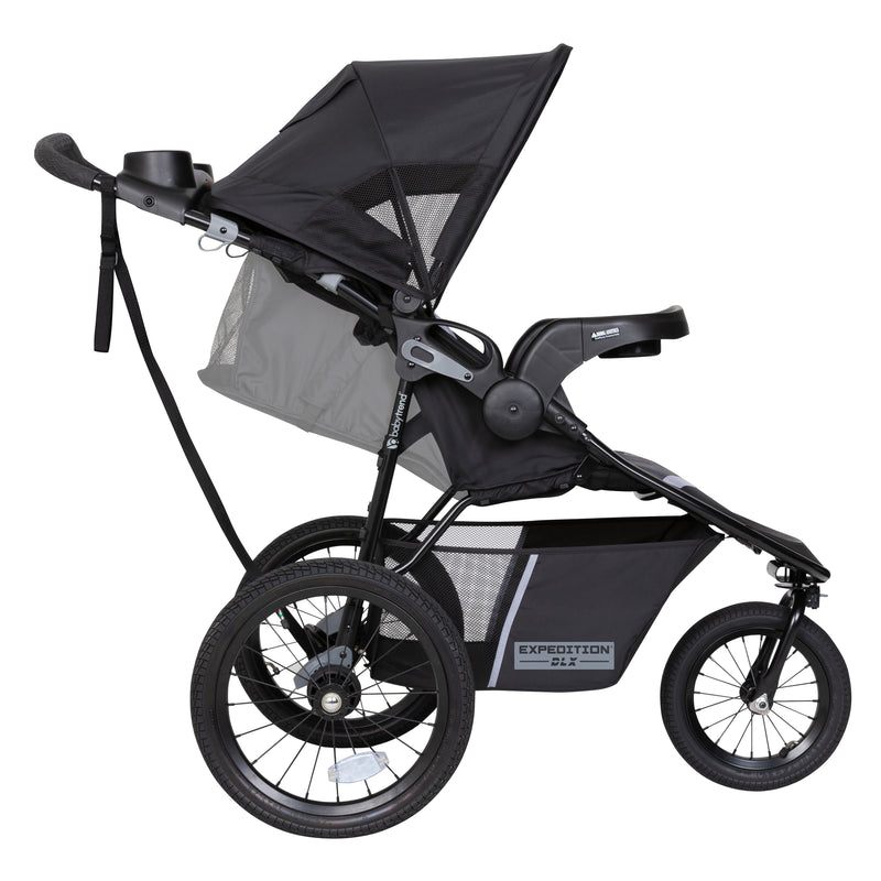 Side view of the child seat recline of the Baby Trend Expedition DLX Jogger Stroller
