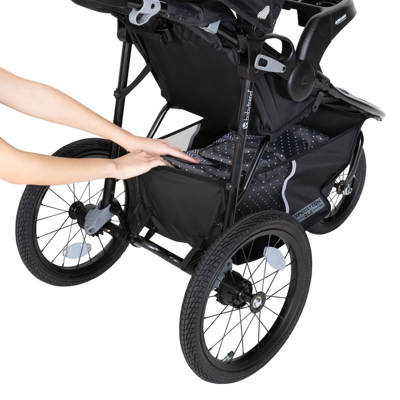 Extra large storage basket of the Baby Trend Expedition DLX Jogger Stroller