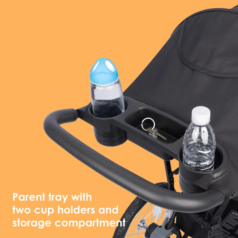 Baby Trend Journey Jogger Stroller parent tray with two cup holders and strorage compartment