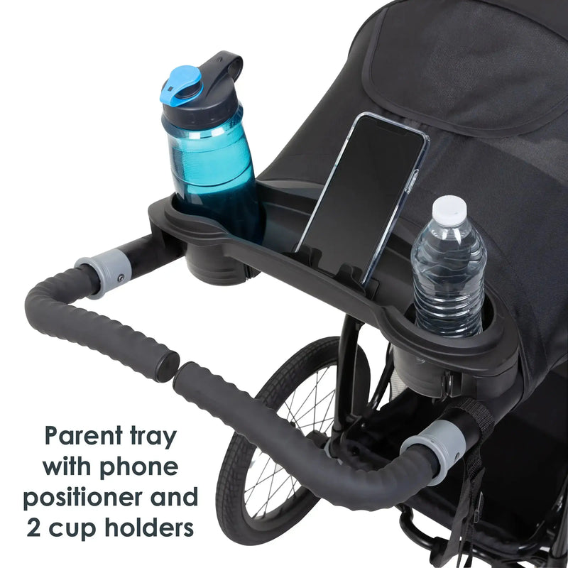 Baby Trend Expedition Race Tec Plus Jogger Stroller includes parent tray with phone positioner and 2 cup holders