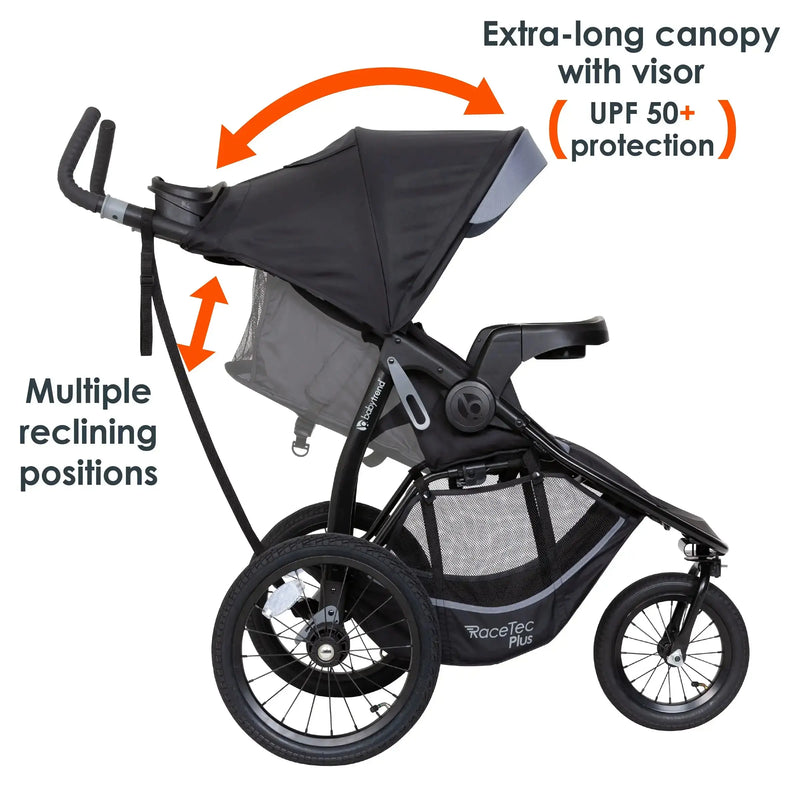 Baby Trend Expedition Race Tec Plus Jogger Stroller has multiple reclining seat and extra long canopy with visor, UPF 50+ protection