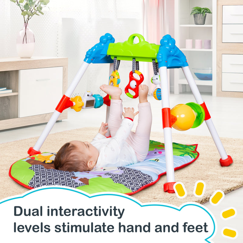 Dual interactivity of the Smart Steps by Baby Trend, Jammin’ Gym with Play Mat