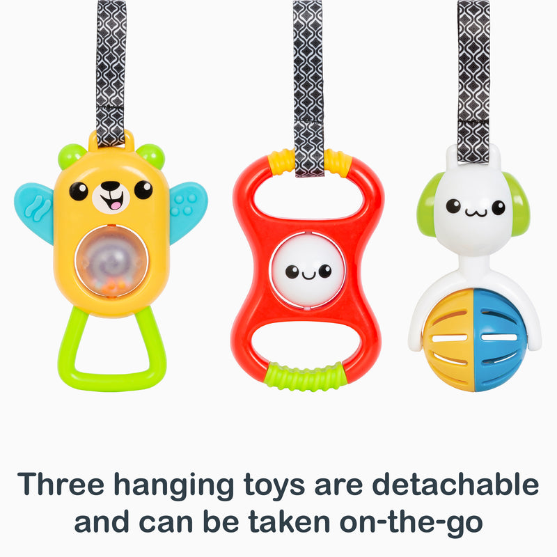 Three hanging toys are detachable and can be taken on the go from the Smart Steps by Baby Trend, Jammin’ Gym with Play Mat