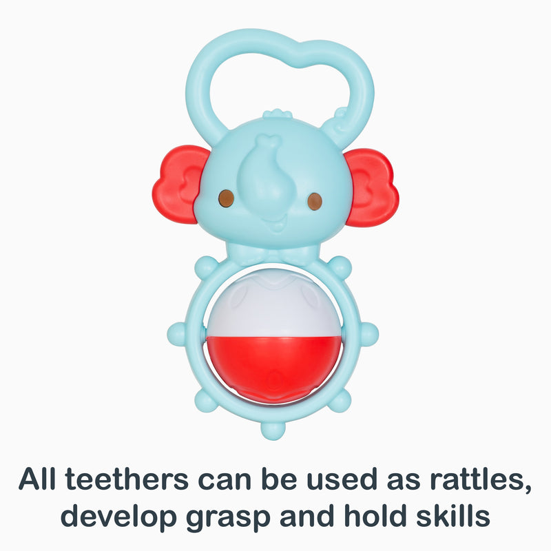 All teethers can be used as rattles, develop grasp and hold skills from the Smart Steps Tiny Nibbles 10-Pack Teethers