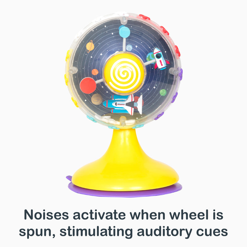 Noises activate when wheel is spun, stimulating auditory cues of the Smart Steps Space Spin Sensory Wheel
