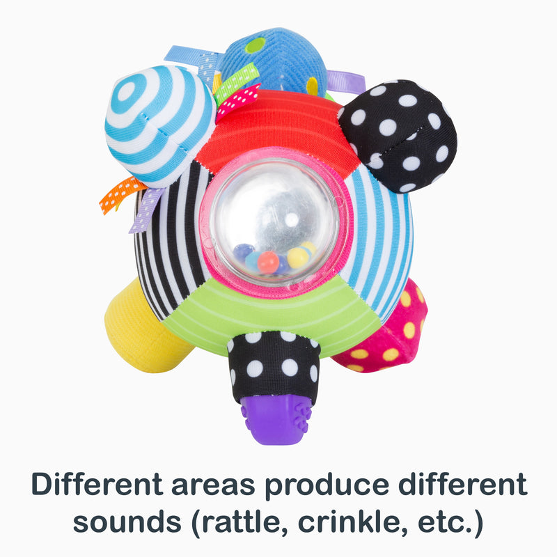 Different areas produce different sounds (rattle, crinkle, etc.) from the Smart Steps Galaxy Sensory Ball