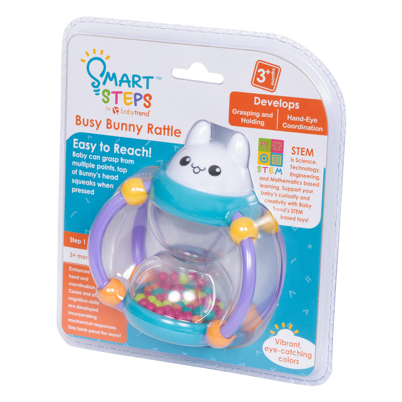 The retail packaging that the Smart Steps by Baby Trend Busy Bunny Rattle comes in