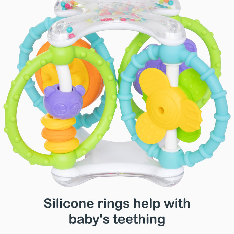 Silicone rings help with baby's teething​ from the Smart Steps Grab N' Spin Rattle and Teether