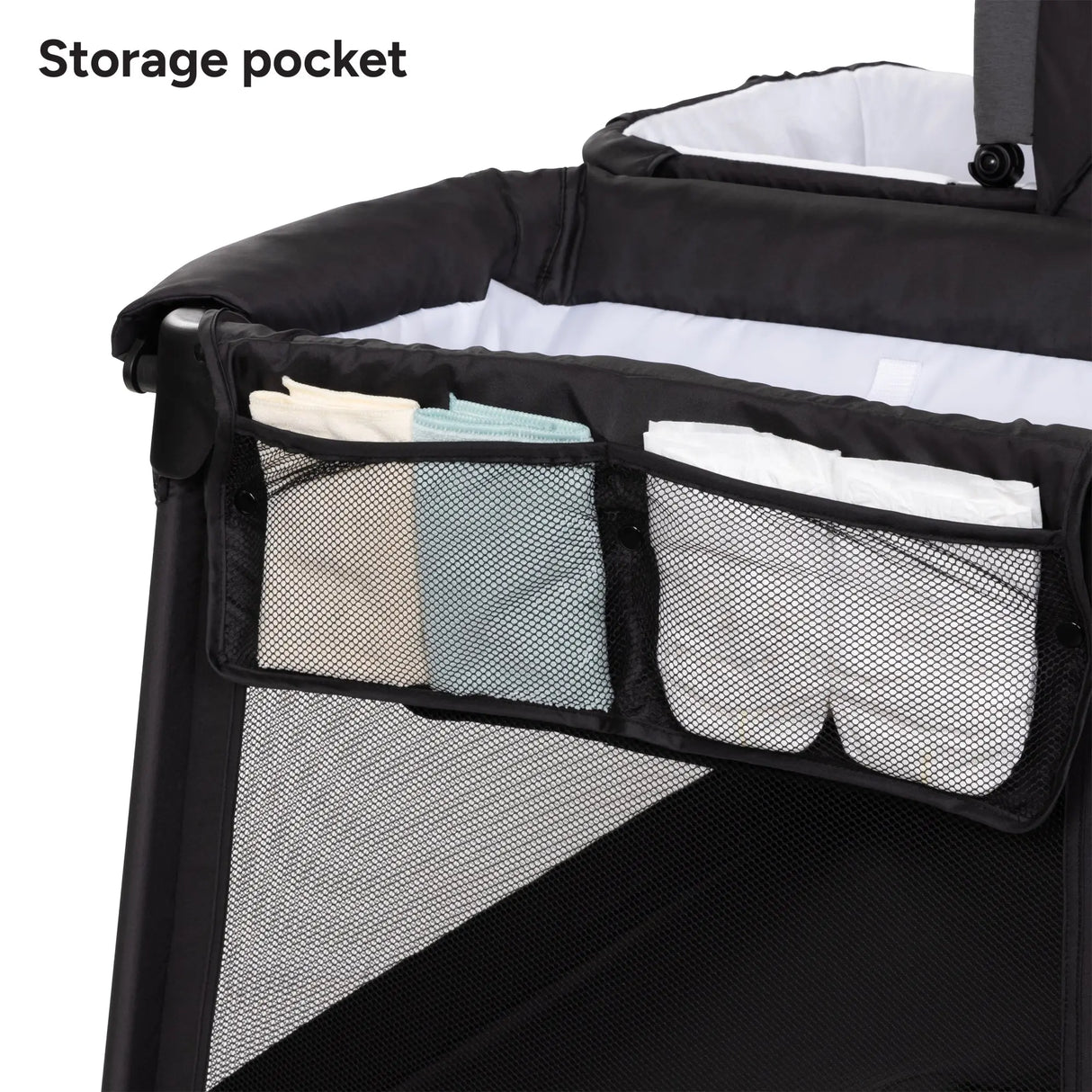 Baby Trend Willow Nursery Center Playard storage pocket with diapers and towels