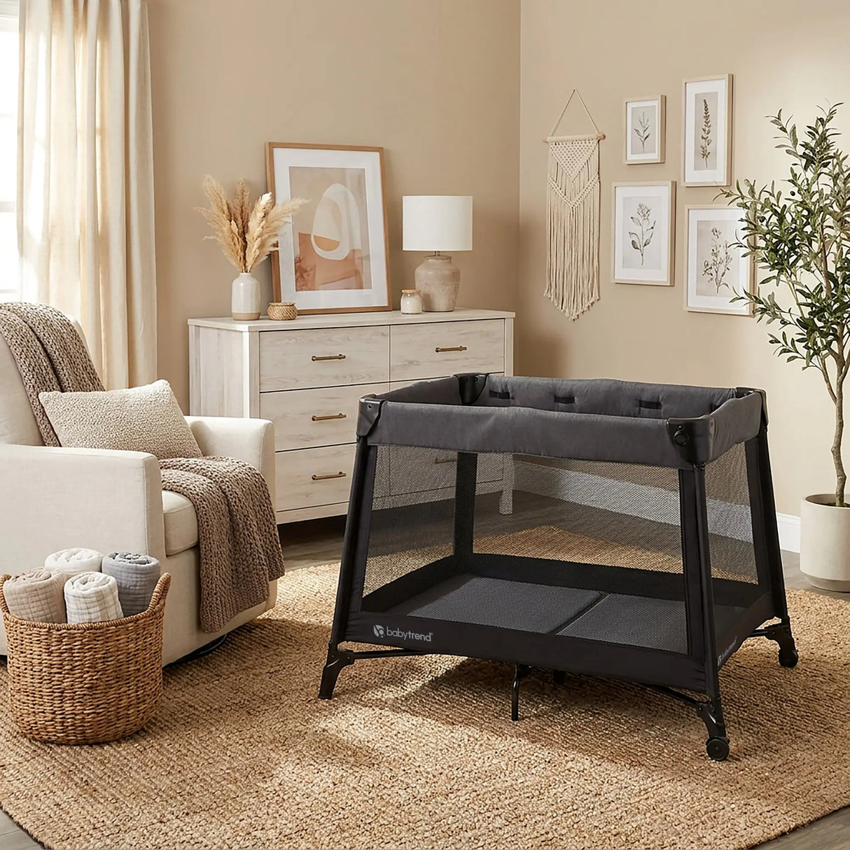 The Baby Trend Willow Nursery Center Playard is set in the room of a home