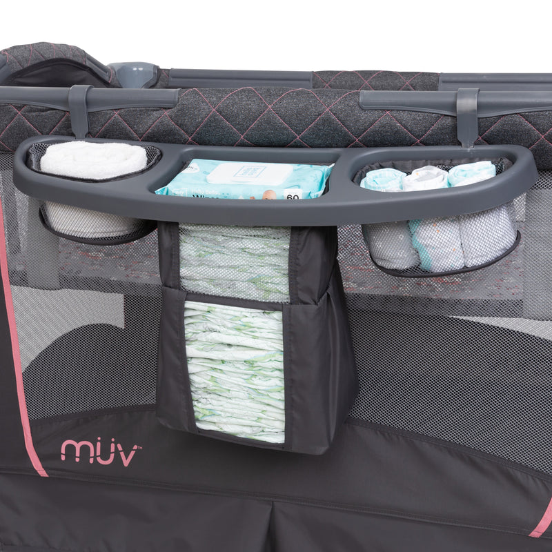 Baby Trend nursery center playard comes with a deluxe parent organizer for diapers and wipes