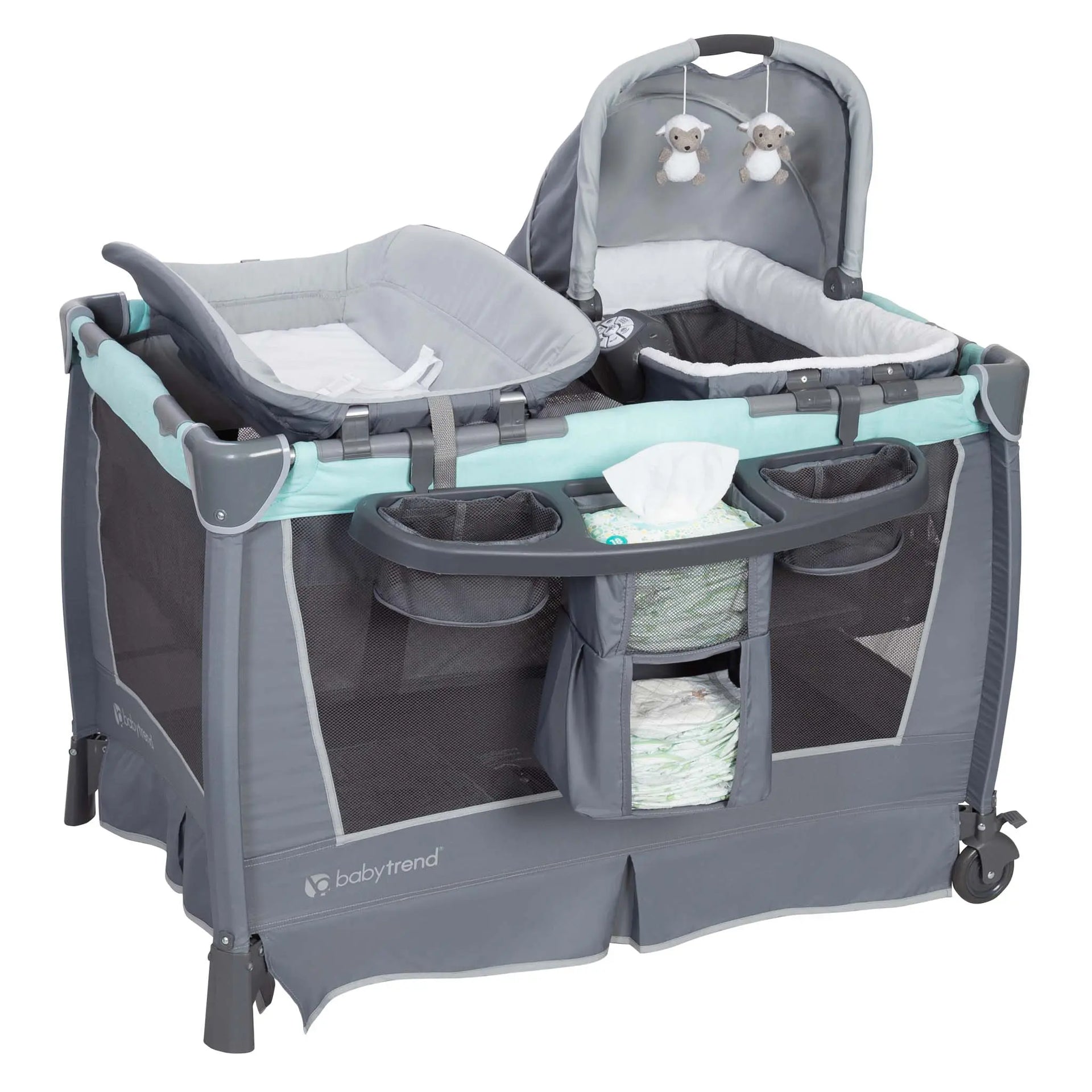 Baby Trend Nursery Center Travel Crib with Removable Rock-A-Bye Bassinet, Changing Table, Organizer, and Electronic Music Center and Nightlight