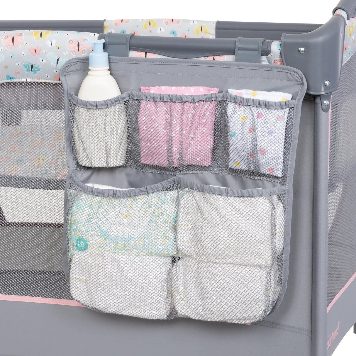 Front view of the Baby Trend EZ Rest Playard storage compartments