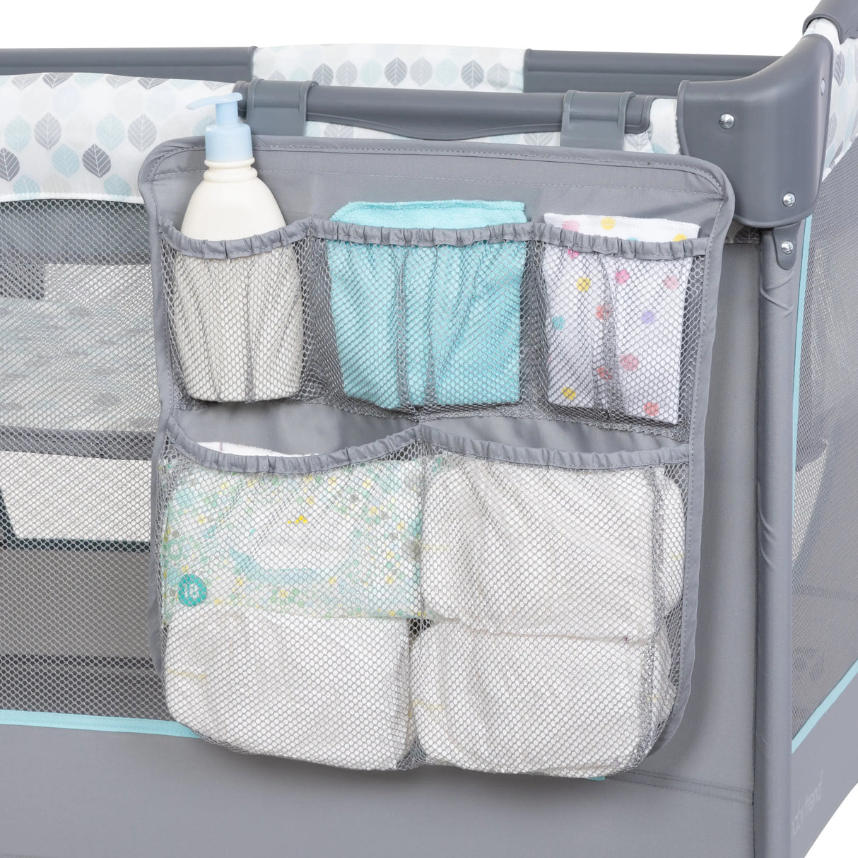 The front view of Baby Trend EZ Rest Playard storage compartments