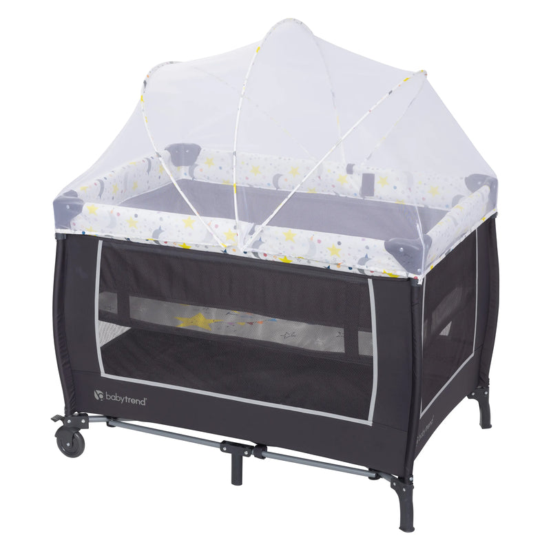 Baby Trend Nursery Center Playard full netting cover with removable full-size bassinet attached