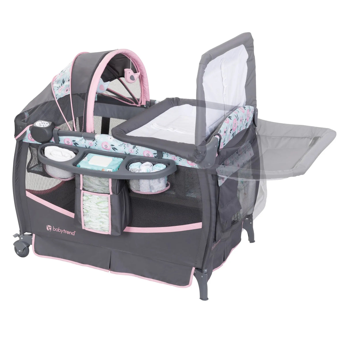 Baby Trend Deluxe II Nursery Center Playard showing the changing table can be rotated out of the way
