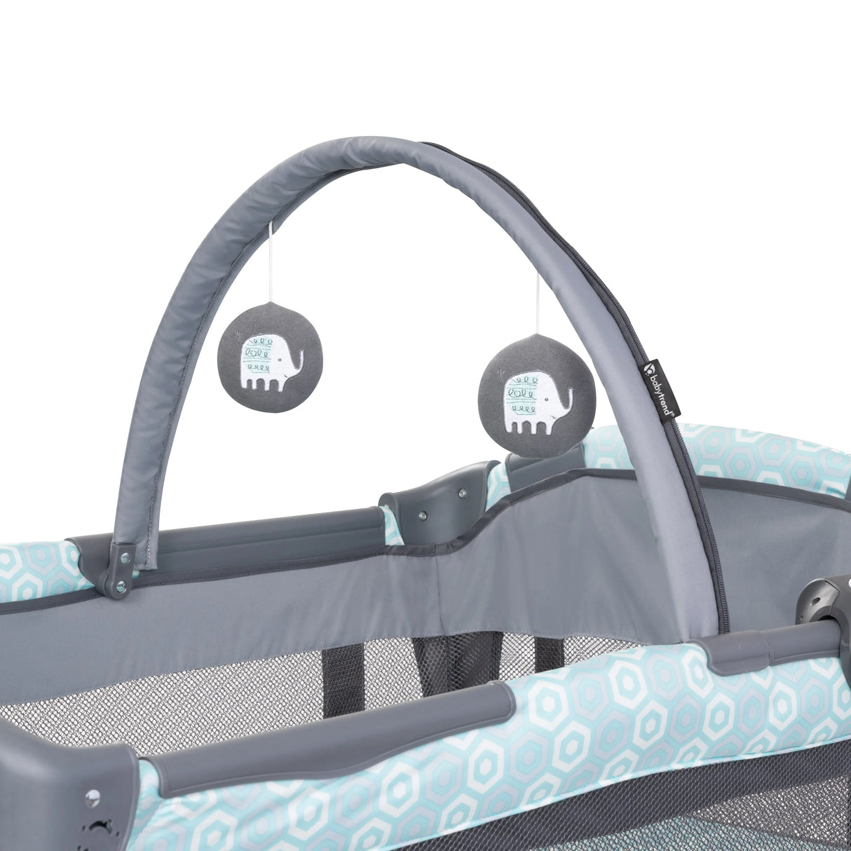 The toy car of the Baby Trend EZ Rest Deluxe Nursery Center has two hanging toys
