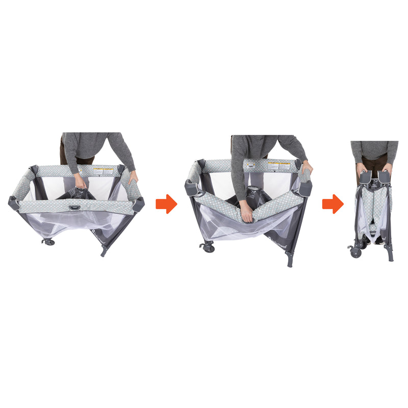 Easy to fold with new technology on the Baby Trend Nursery Den Playard with Rocking Cradle