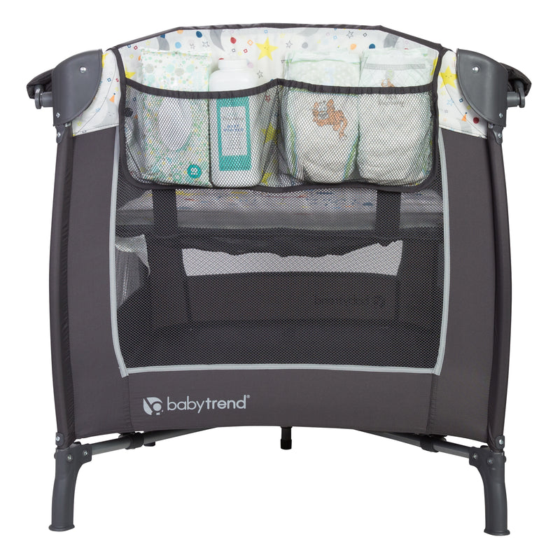 Mesh side storage pockets for changing diapers on the Baby Trend Lil' Snooze Deluxe II Nursery Center Playard