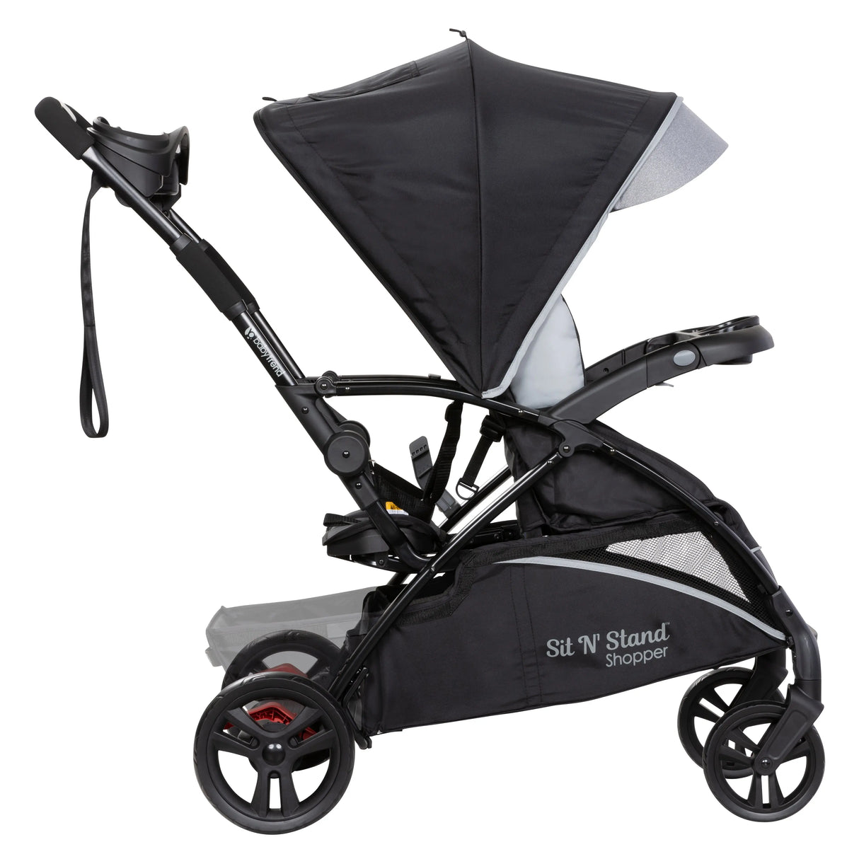 Side view of the Baby Trend Sit N Stand 5-in-1 Shopper Stroller with the storage basket extended