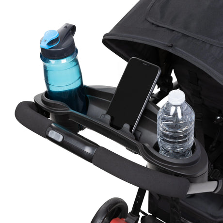 Parent console with cell phone holder on the Baby Trend Sit N Stand 5-in-1 Shopper Stroller