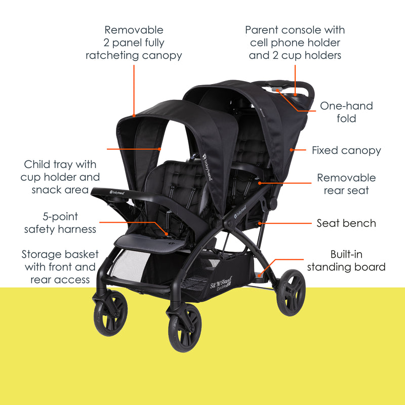 Baby Trend Sit N' Stand Double 2.0 Stroller features call out