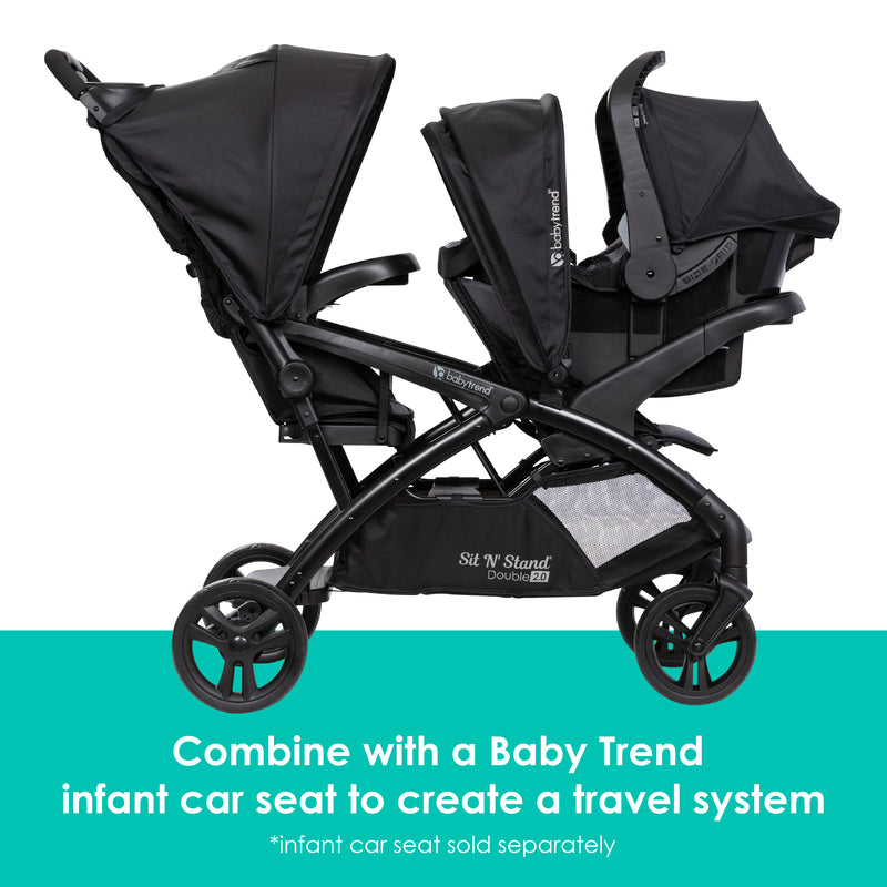 Baby Trend Sit N' Stand Double 2.0 Stroller combine with a infant car seat to create a travel system