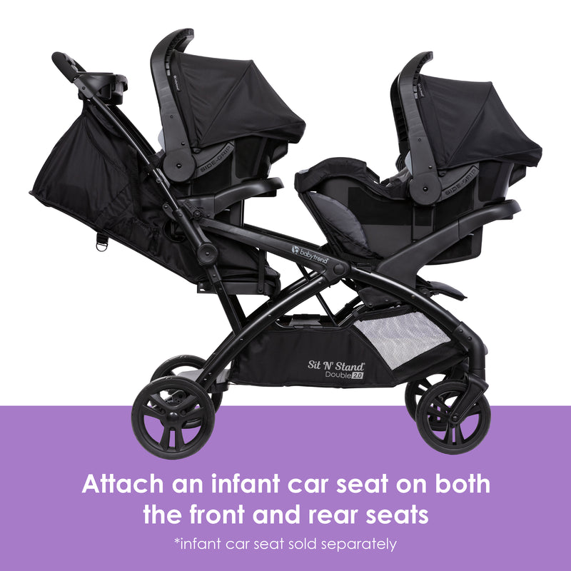 Baby Trend Sit N' Stand Double 2.0 Stroller attach an infant car seat on both the front and rear seats