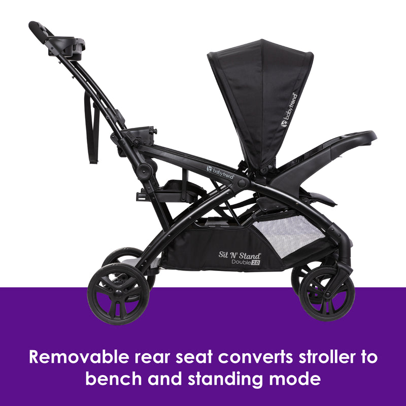 Baby Trend Sit N' Stand Double 2.0 Stroller removable rear seat converts stroller to bench and standing mode