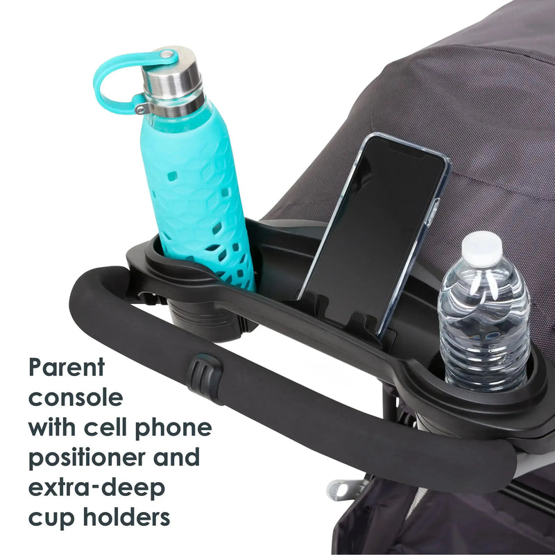 Baby Trend Tango Stroller parent console with cell phone positioner and extra deep cup holders