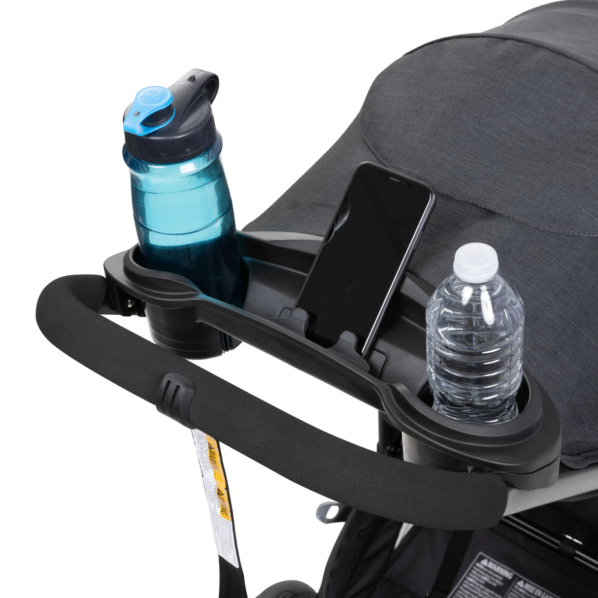 The parent tray on the Baby Trend Tango Stroller has two water bottles and a phone in the holder