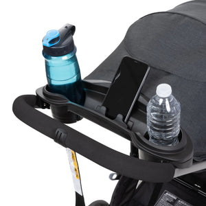 The parent tray on the Baby Trend Tango Stroller has two water bottles and a phone in the holder