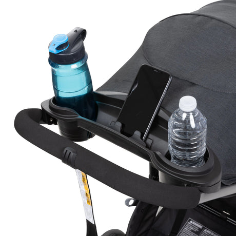 The parent tray on the Baby Trend Tango Stroller has two water bottles and a phone in the holder