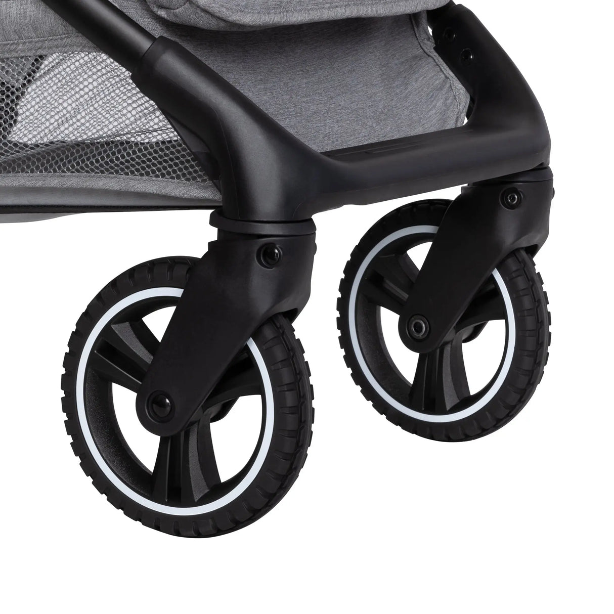 The rubber tires on the Side view of the Baby Trend Zenda Compact All-Terrain Stroller