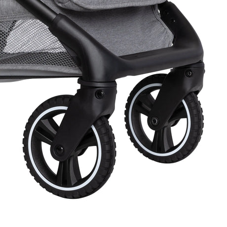 The rubber tires on the Side view of the Baby Trend Zenda Compact All-Terrain Stroller