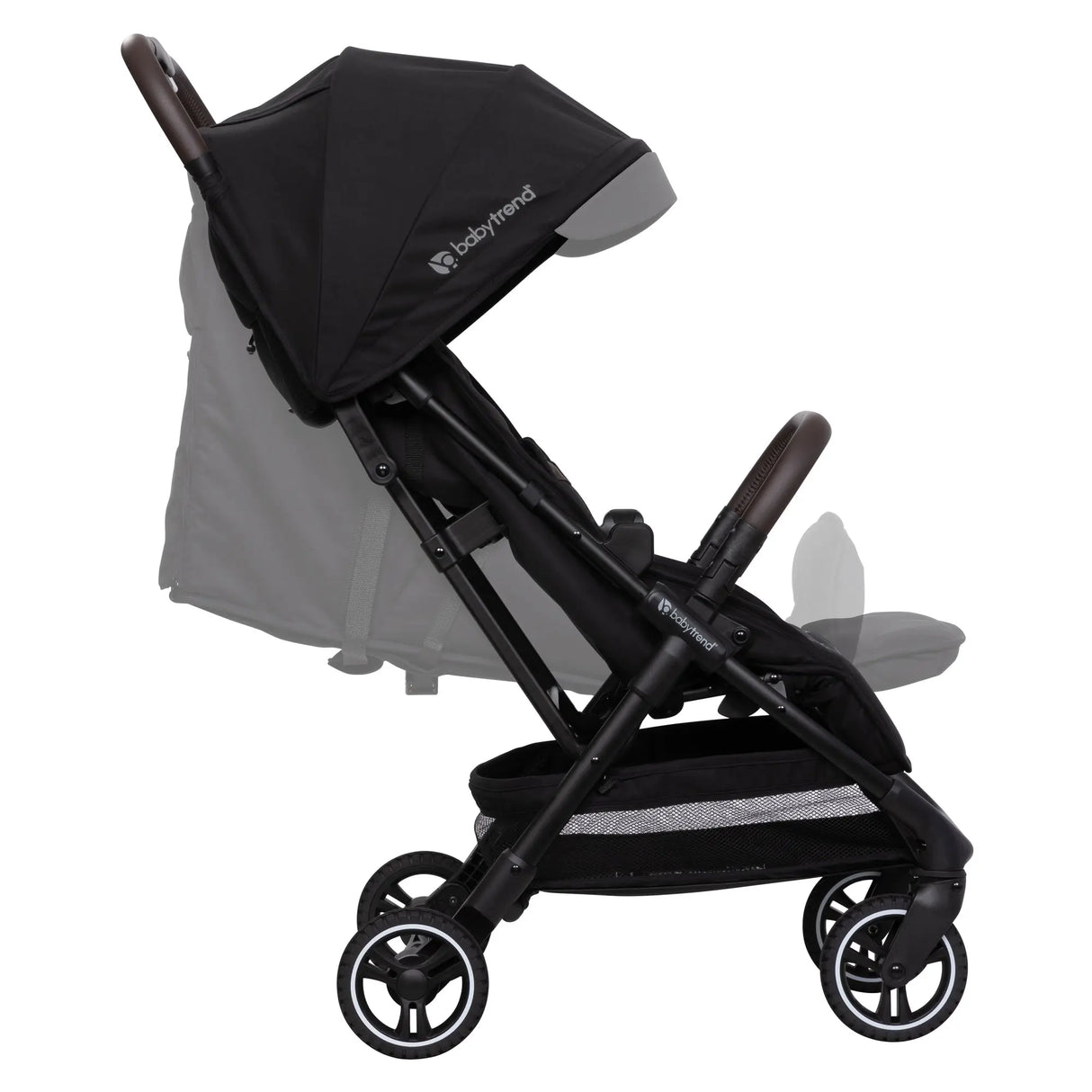 Side view of the Baby Trend Zenda Compact All-Terrain Stroller child's seat reclined and foot rest adjusted