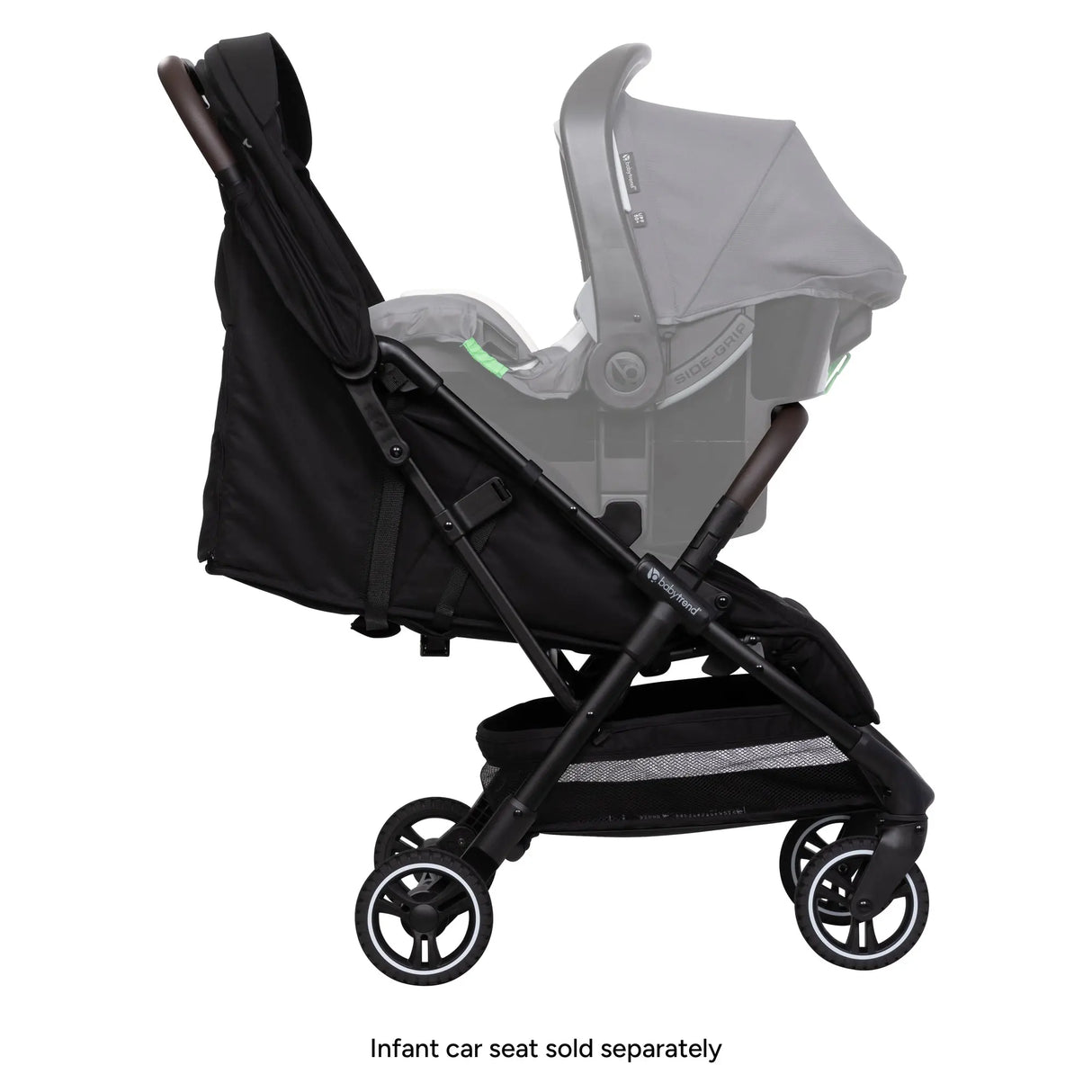 Side view of the Baby Trend Zenda Compact All-Terrain Stroller with a car seat attached