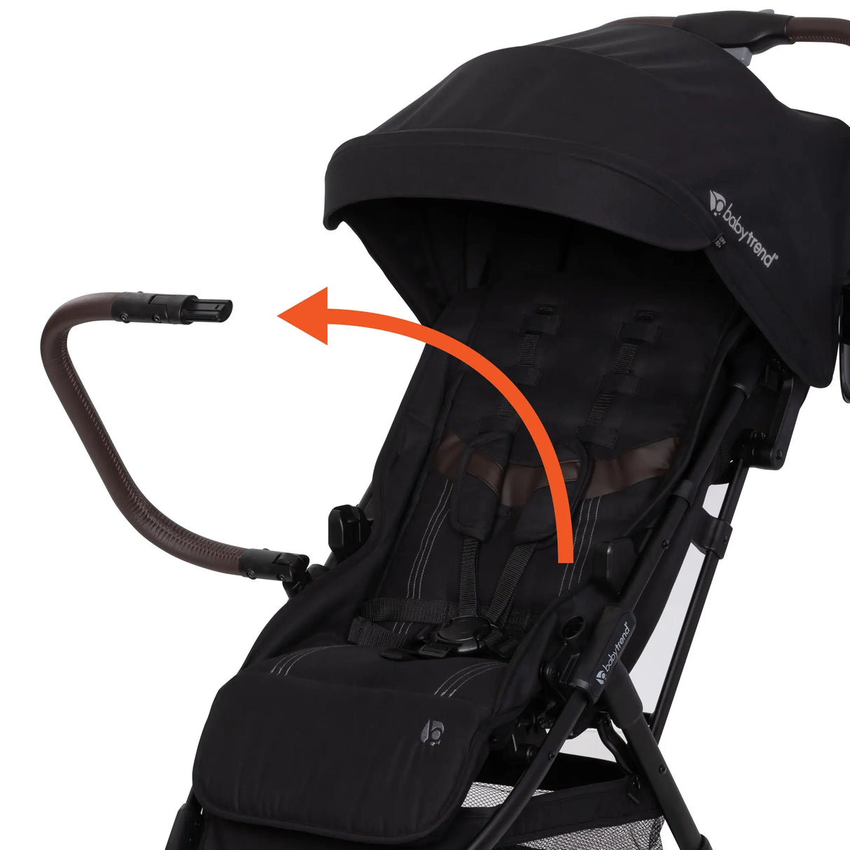 The bumper bar on the Baby Trend Zenda Compact All-Terrain Stroller rotate or child easy in and out 